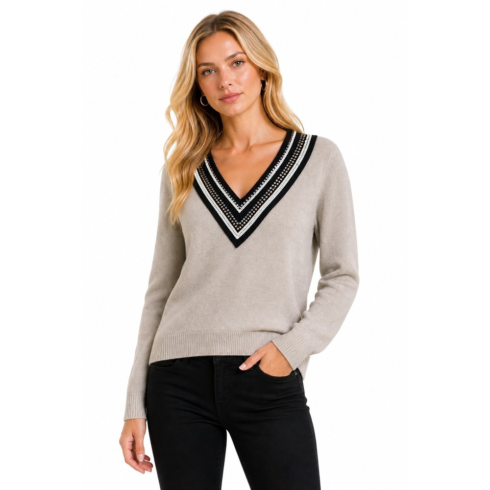 Tory Burch Women Sweater XS Tan Black Merino Wool Embellished V-Neck Knit